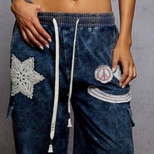 POL Mineral Wash Blue Peace Floral Lace Patch Joggers
